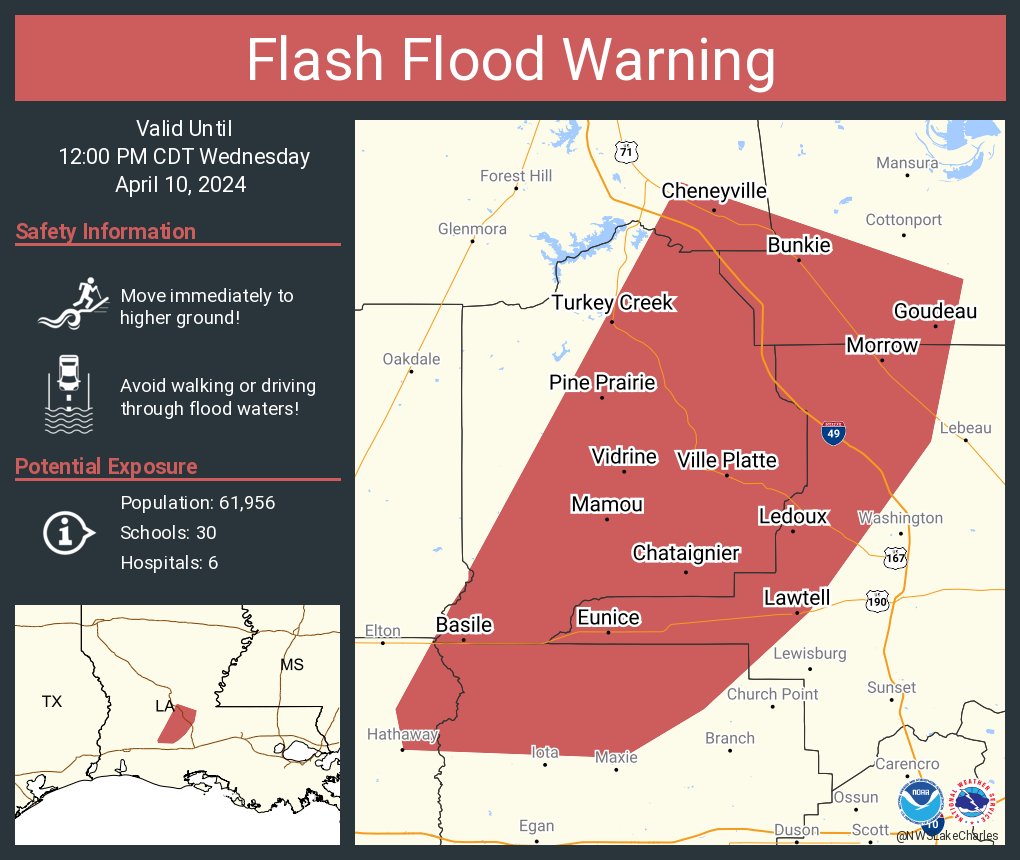 Flash Flood Warning continues for Eunice LA, Ville Platte LA and Bunkie LA until 12:00 PM CDT