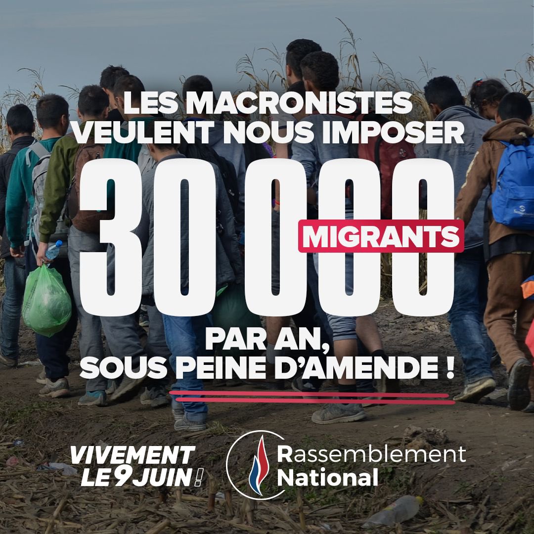 🔴 En acceptant le quota de 30 000 migrants minimum par an imposé par la Commission européenne et soutenue par la macronie, nous faisons face à un défi : celui du risque d'effacement du peuple européen et de sa civilisation.

#VivementLe9Juin #EPlenary