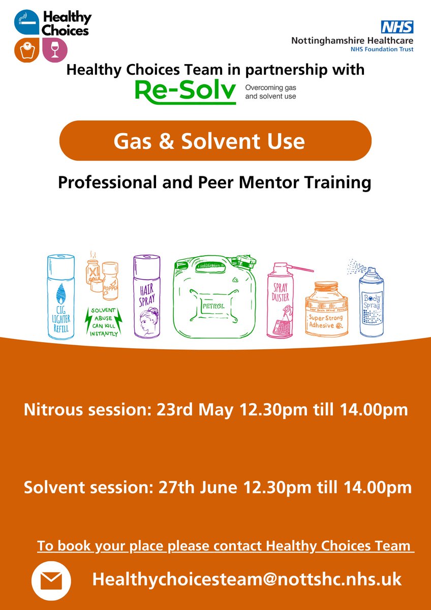 Excited to announce two lunchtime webinars on solvent abuse with The Smokefree Team and Re-Solv Gas and Solvent Charity! @resolvUK Join us for valuable support and advice Book your place by dropping the team an email @NottsHealthcare