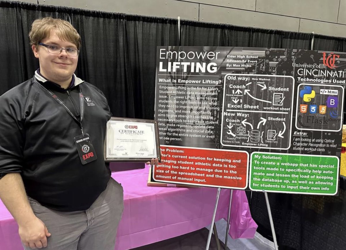 Max Hicks was recognized at UC IT Expo 2024 for his entry “Empower Lifting” - a weightlifting data entry and tracking system. Max competed with high school teams from around Cincinnati for a scholarship opportunity at UC’s School of IT. #Altiora