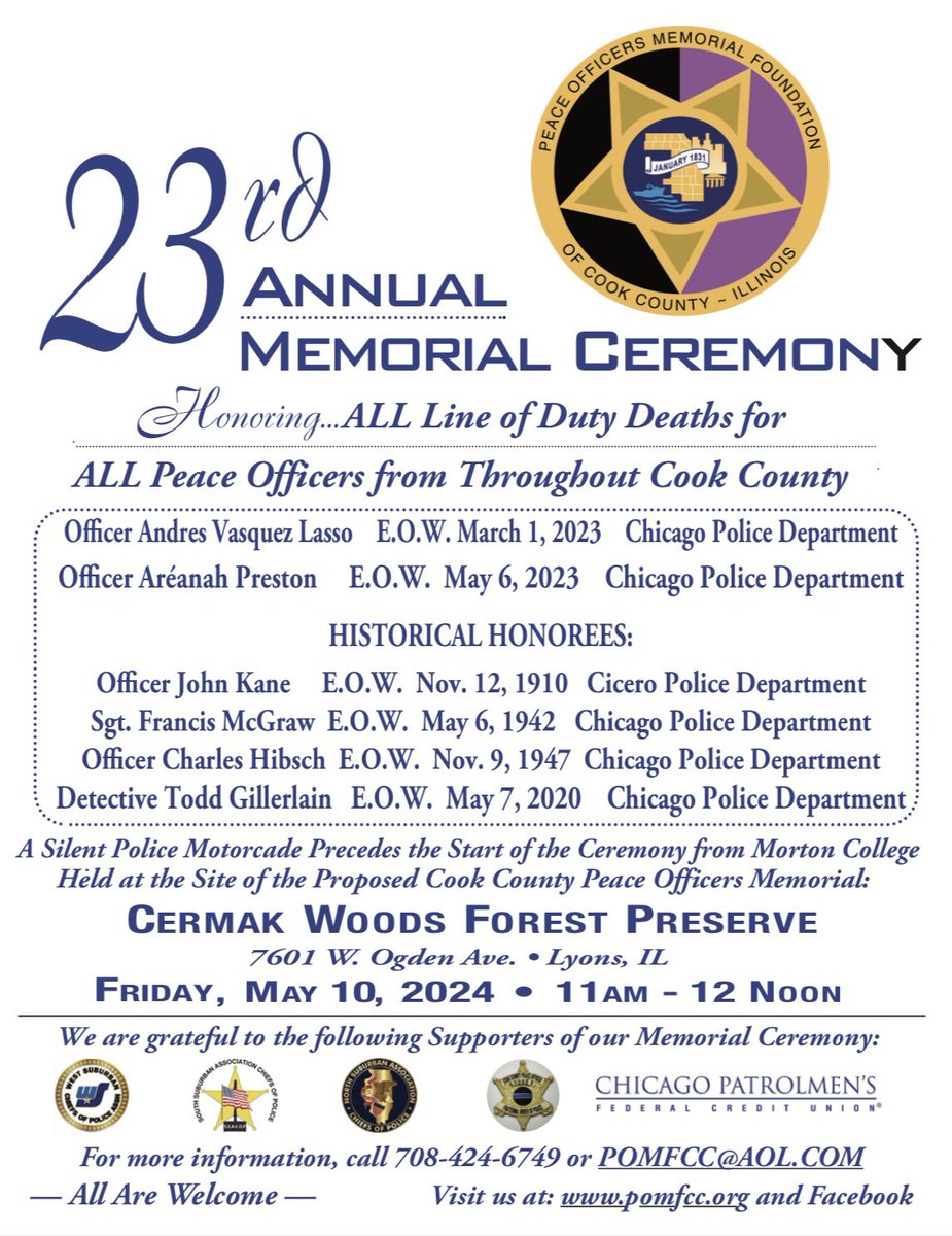 23rd Annual Memorial Ceremony Honoring All #LODD Peace Officers throughout Cook County #ChicagoPolice #NeverForget