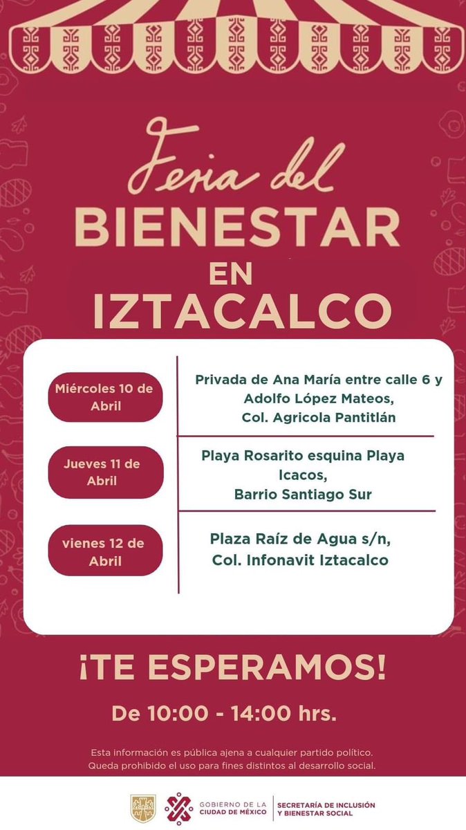 Hoy miércoles 10 de abril, comienzan las ferias del bienestar en la @IztacalcoAl, les comparto el calendario de esta semana. Aprovecha los servicios que el @GobCDMX tiene para nosotr@s, sigamos haciendo comunidad, acércate e informa a tus contactos.