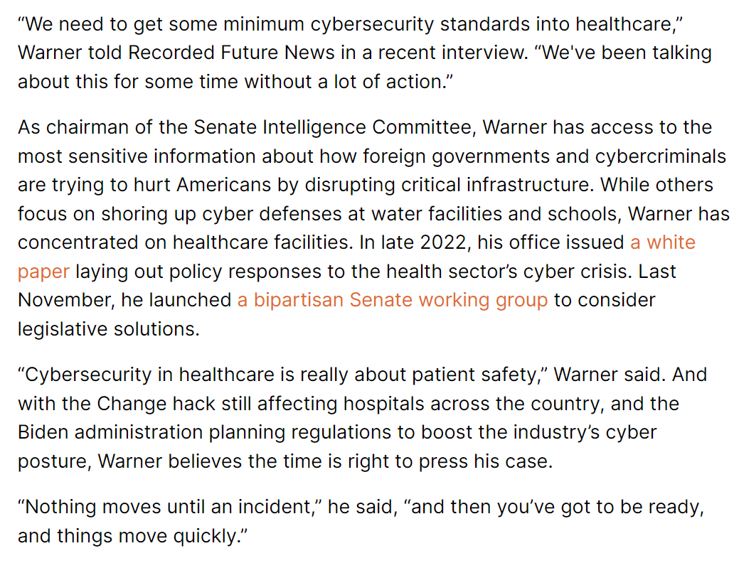 With the Change hack, @MarkWarner believes his long quest for better cybersecurity in the health-care sector is finally gaining steam. Warner talked to me about his new bill and why the status quo isn't acceptable. My new story for @TheRecord_Media: therecord.media/senator-mark-w…