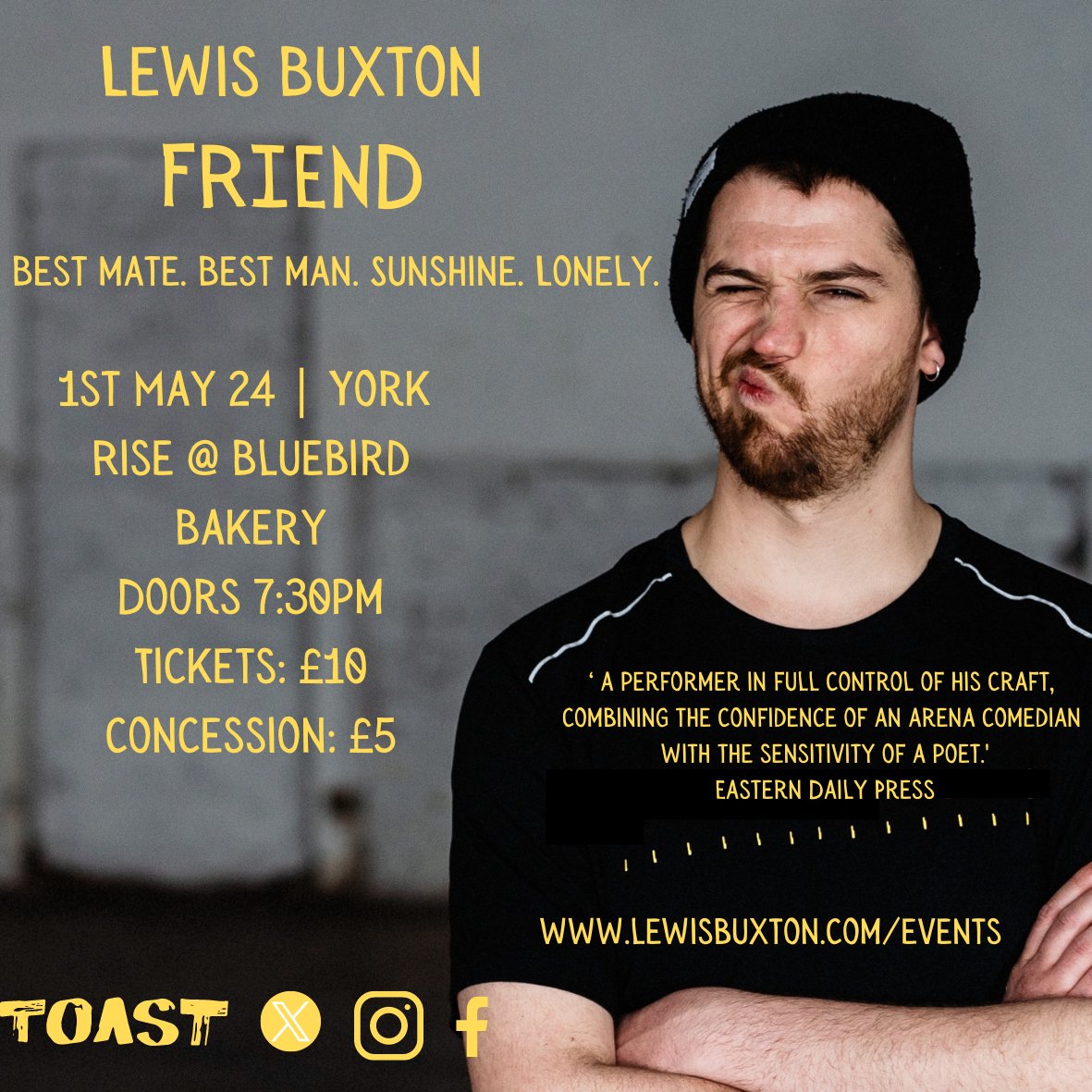 Our lovely director @LewisBuxton93 is coming YORK with his new show FRIEND. If you live nearby this is a great night out! Tickets: £10/£5 Doors: 7:30pm Date: 1st May 2024 eventbrite.com/e/lewis-buxton…