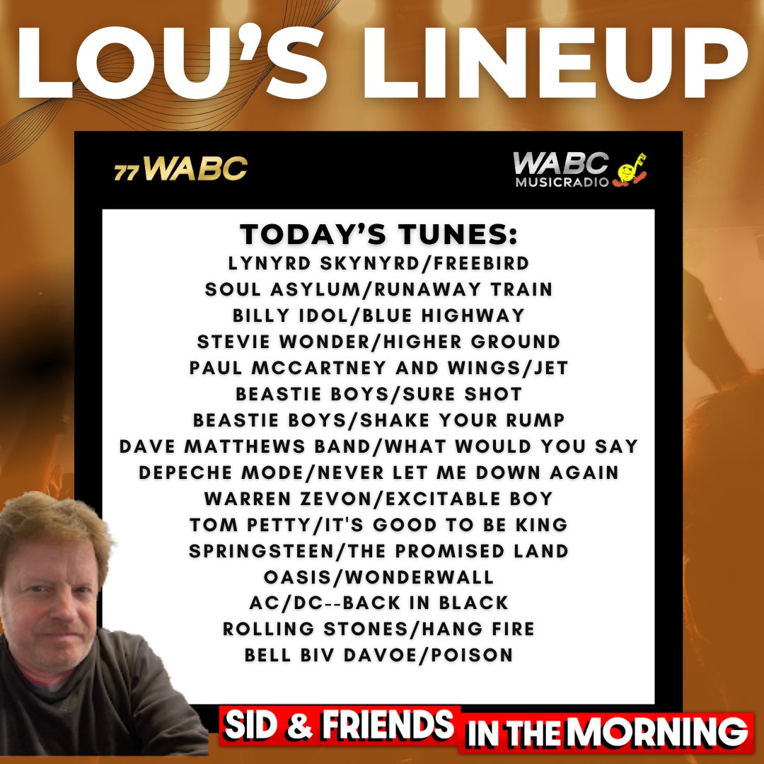 And now... it's time for LOU'S LINEUP! Listen to Sid and Friends In The Morning from 6AM-10AM EST on wabcradio.com or on the 77 WABC app! FULL #WEDNESDAY PLAYLIST HERE: wabcradio.com/2024/04/10/lou…
