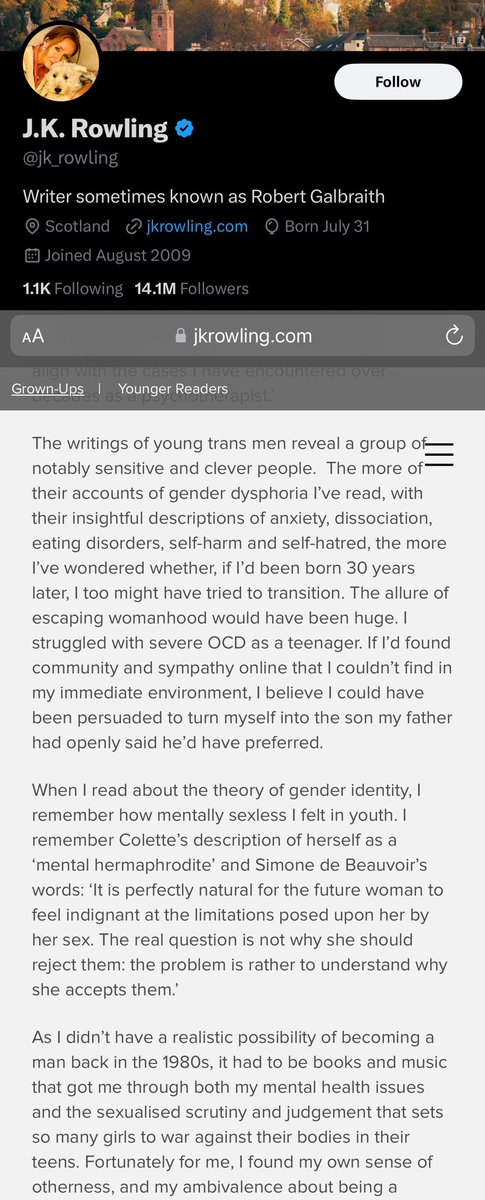 encryptedcharms's tweet photo. @jk_rowling You literally wrote in your blog that you would have likely transitioned yourself if you had the chance. Also, I’m sorry for calling you Joanne, as you have clearly stated your preferred name is Robert. Do you know what straight cis people are obsessed with? Not trans people. https://t.co/522pEwcEoJ