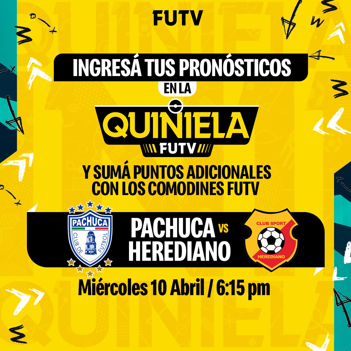 ¡Ingresá tu pronóstico! ⚽📝

Comodín en la #QuinielaFUTV de Liga de Campeones de Concacaf  🏆😎

- Pachuca 🇲🇽 vs Herediano 🇨🇷

🔗 quiniela.futvcr.com