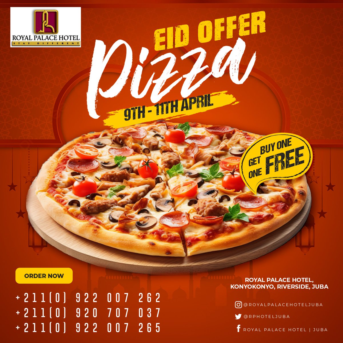 This Eid Holiday for every Pizza you buy we give one pizza absolutely free! Visit our restaurant now for this amazing offer and dont forget to come with a friend.

#pizzaoffer
#BuyOneGetOneFree
#royalpalacehoteljuba
#jubasouthsudan🇸🇸