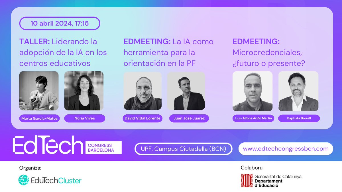 EdutechCluster's tweet photo. 📢 Llega la recta final de esta jornada del #edtechcongressbcn24 con 3 sesiones 🔝 simultáneas:

💥Liderando la adopción de la #IA en los centros educativos
💥La IA como herramienta para la orientación en la #FP
💥Microcredenciales, ¿futuro o presente?

 Difícil elegir, ¿vedad?🤔 https://t.co/TfNmyjyCjX
