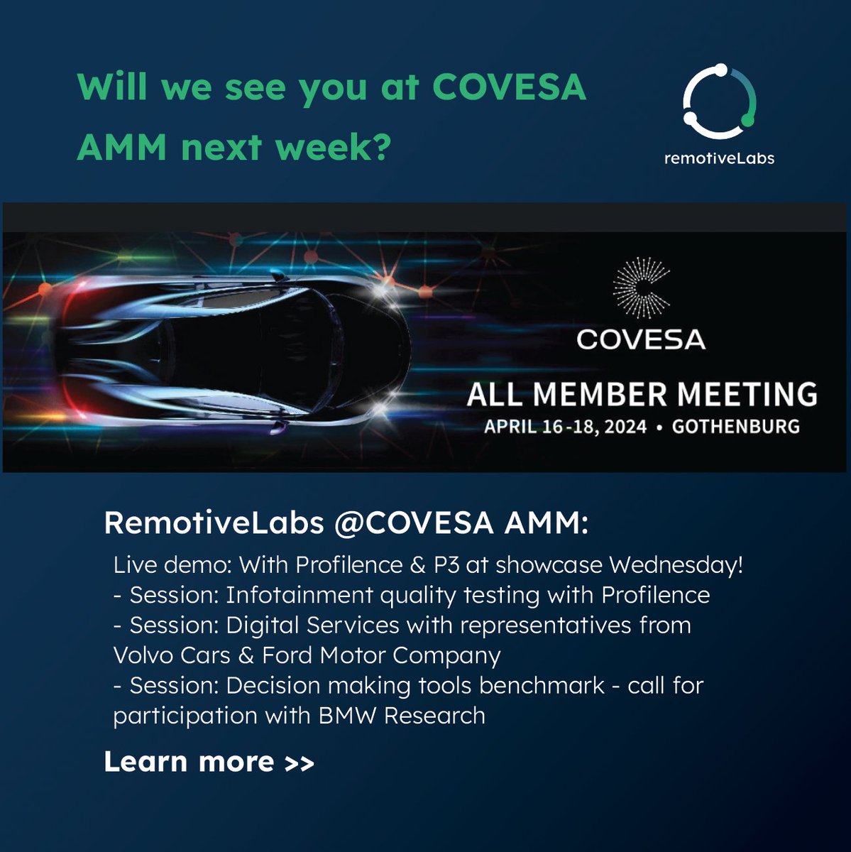Join us at the @COVESAglobal  All Members Meeting in Gothenburg next week 🗓️ - the heart of automotive software collaborations! eventleaf.com/e/AMMGothenbur… #getstuffdone #automotivesoftware #connectedvehicles