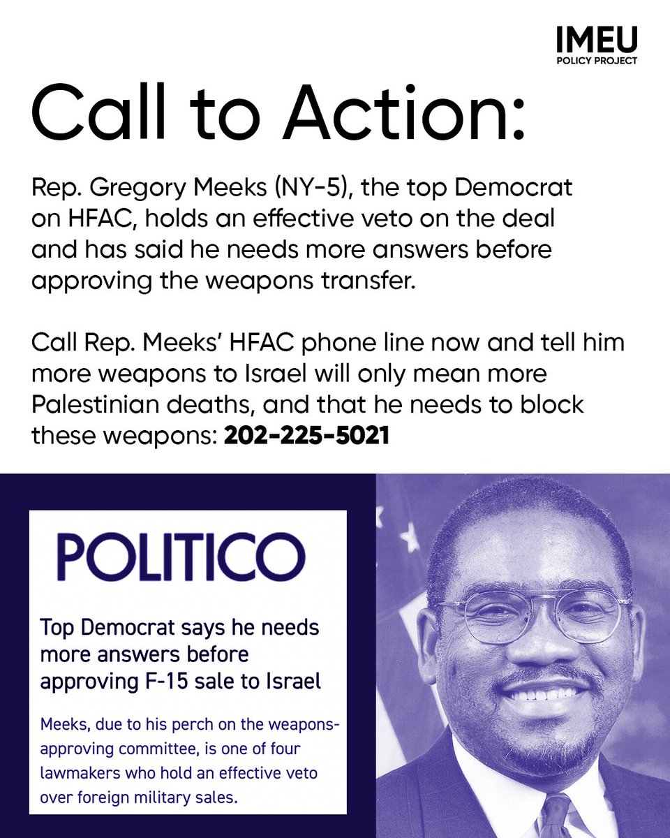 The Biden admin notified the US House Foreign Affairs Committee of an impending $18 billion weapons transfer to Israel. @RepGregoryMeeks is 1 of 4 Members of Congress who can block this deal. Call his HFAC phone line NOW & tell him no more weapons for Israel’s genocide in Gaza.