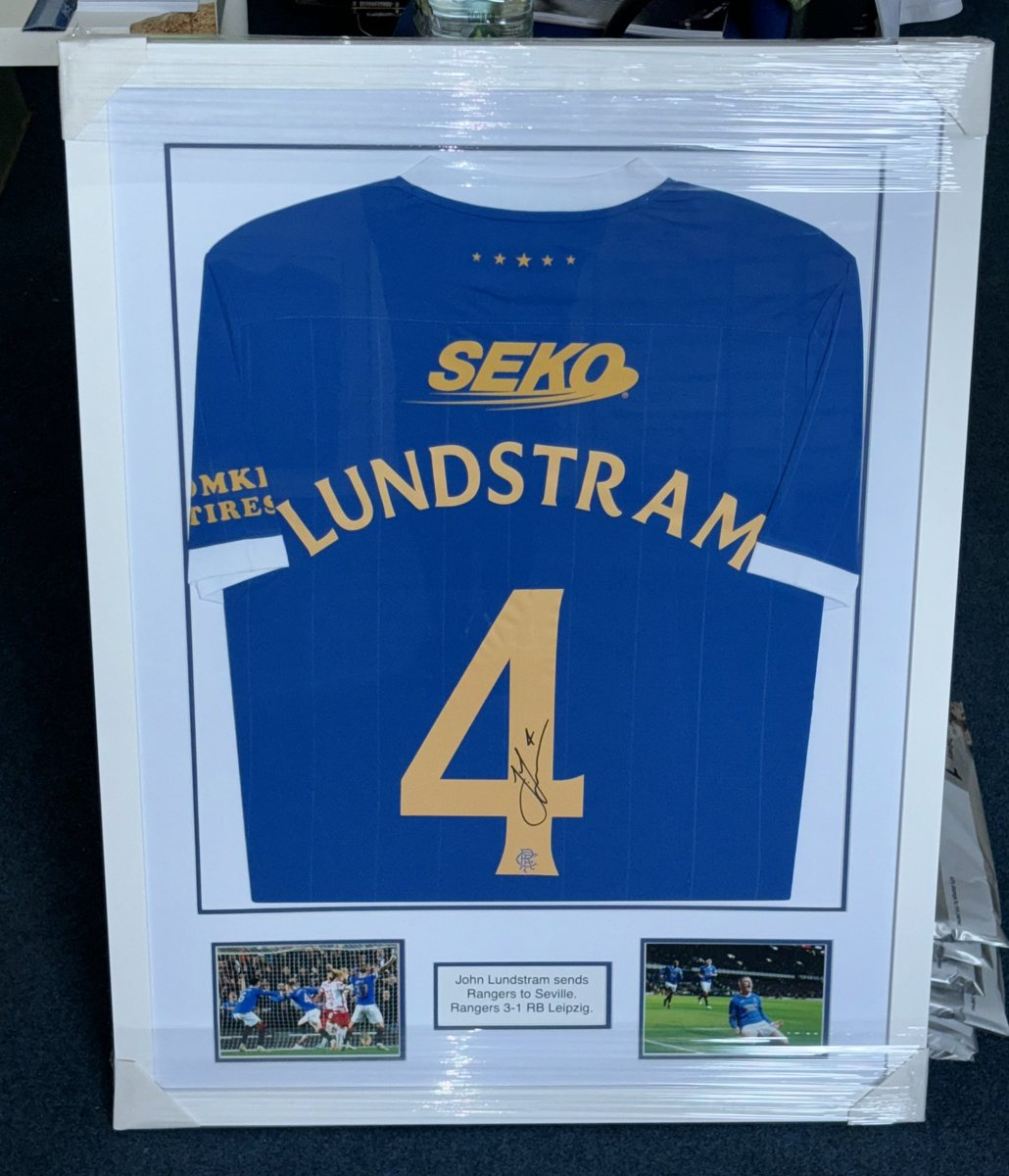 John Lundstram hand signed 21/22 Europa League style home shirt in white frame with blue and white mount and photo inserts 🔥 Limited availability on this now DM to order or for more info!