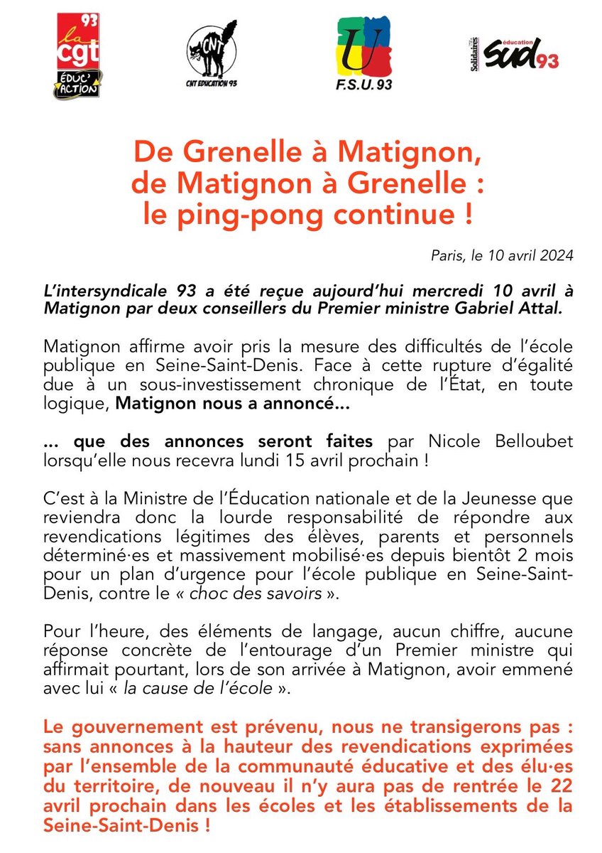 🔴 De Grenelle à Matignon, de Matignon à Grenelle : le ping-pong continue ! 🏓 Des éléments de langage, aucune annonce concrète, on nous a annoncé… des annonces ! Pas de moyens le 15/04 ? Pas de rentrée le 22 avril prochain ! @SNUipp_FSU93 @93Fsu @SnesFsuCreteil @SNESFSU