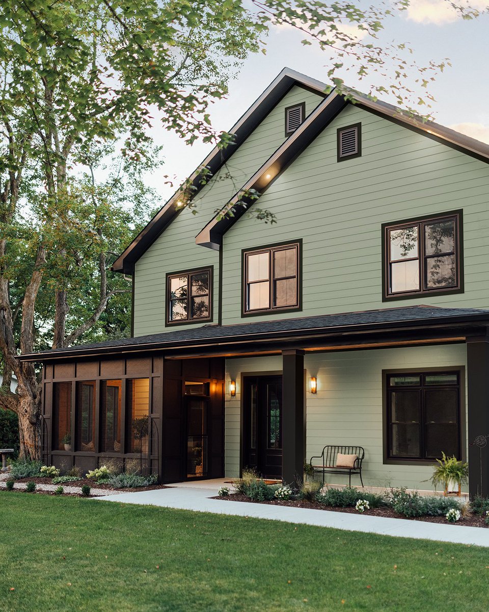 This is one of our favorite color combinations for siding & trim in 2024. 💚🖤 Dried Eucalyptus & Midnight Soot from the Magnolia Home | James Hardie Collection. @JoannaGaines curated an entire collection of timeless colors to make choosing the perfect color easy. Visit…