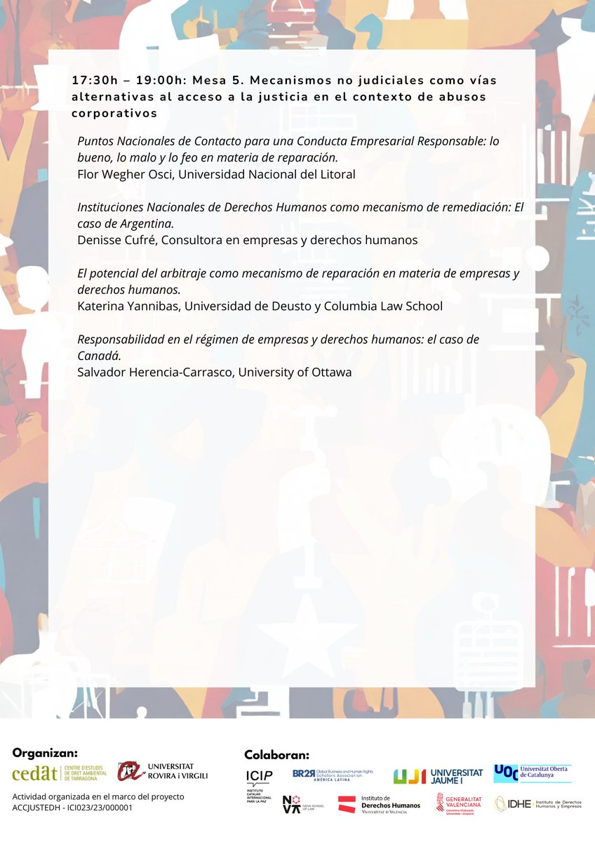 🚨Congreso “Responsabilidad y reparación en materia de #empresasyDDHH: Explorando los caminos hacia el acceso efectivo a la justicia"
Participación estelar de <a href="/HumbertoCantuR/">Humberto Cantú Rivera</a> @florwegher <a href="/dencuf/">Denisse Cufré 🐘 bhre.social/@dencufre</a> <a href="/Sherencia77/">Salvador Herencia-Carrasco</a> <a href="/Gabymquijano/">Gabriela Quijano</a> <a href="/EAlvarezArmas/">Eduardo Álvarez-Armas</a> <a href="/sebasmartl/">Sebastian Smart</a> @JUc3m @CarlosLopezGV y más
👇