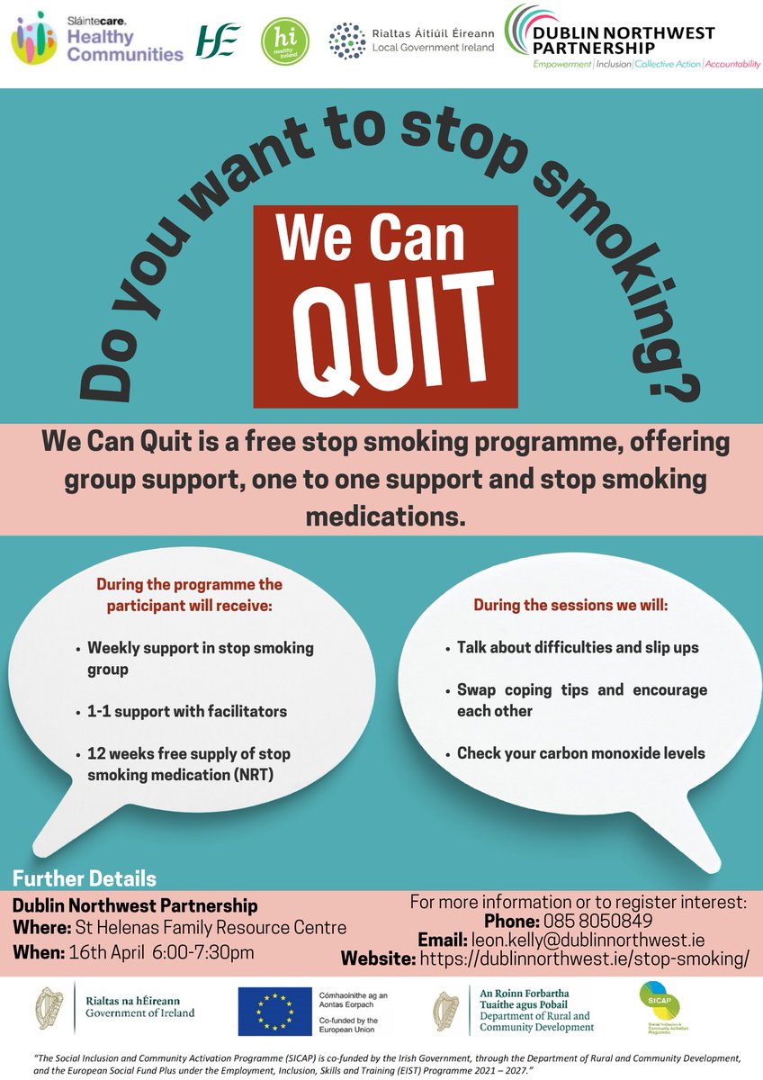 Would you like to stop smoking? We Can Quit starts next Tuesday in St Helena's Family Resource Centre, Finglas 6-7.30pm For more info or to get involved, call Leon on 085 805 0849 or email leon.kelly@dublinnorthwest.ie #stopsmoking @slaintecare #euninmyregion #finglas