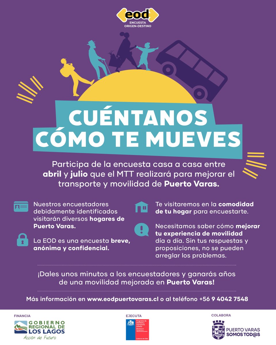 📢¡Atención Puerto Varas! Participa en la Encuesta Origen Destino (EOD) y juntos mejoremos la movilidad de tu ciudad. Entre abril y julio nuestros encuestadores estarán realizando este cuestionario a 1.600 hogares de la ciudad. ¡No te quedes fuera y contesta con confianza!