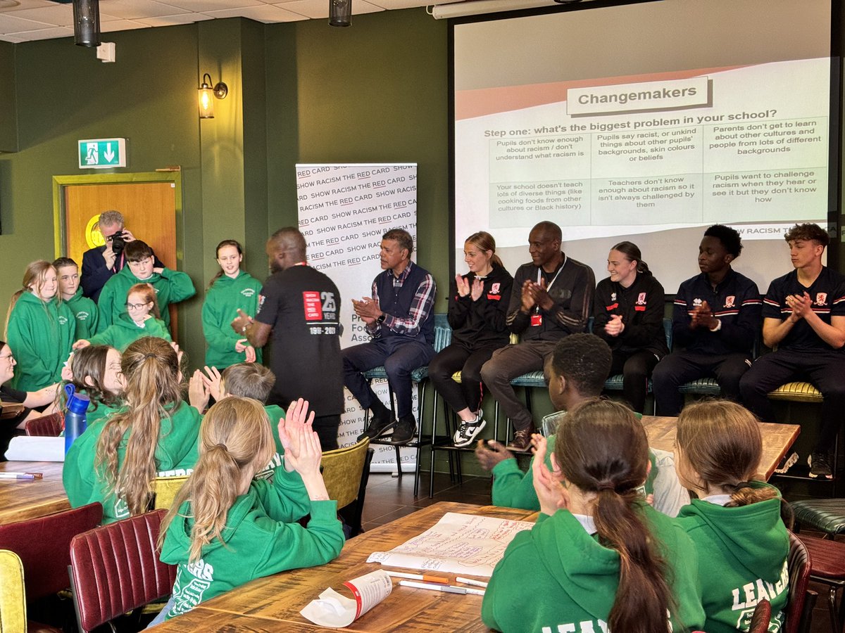 What a day at @Boro with over 60 young people joining us for our educational event. Special thanks to @chris_kammy @ken_monkou @sarahburn31 @FayeDale04 for joining us today. @Boro @MFCFoundation thanks for having us. #ShowRacismtheRedCard 💫 @richard_offiong @demimorris1994