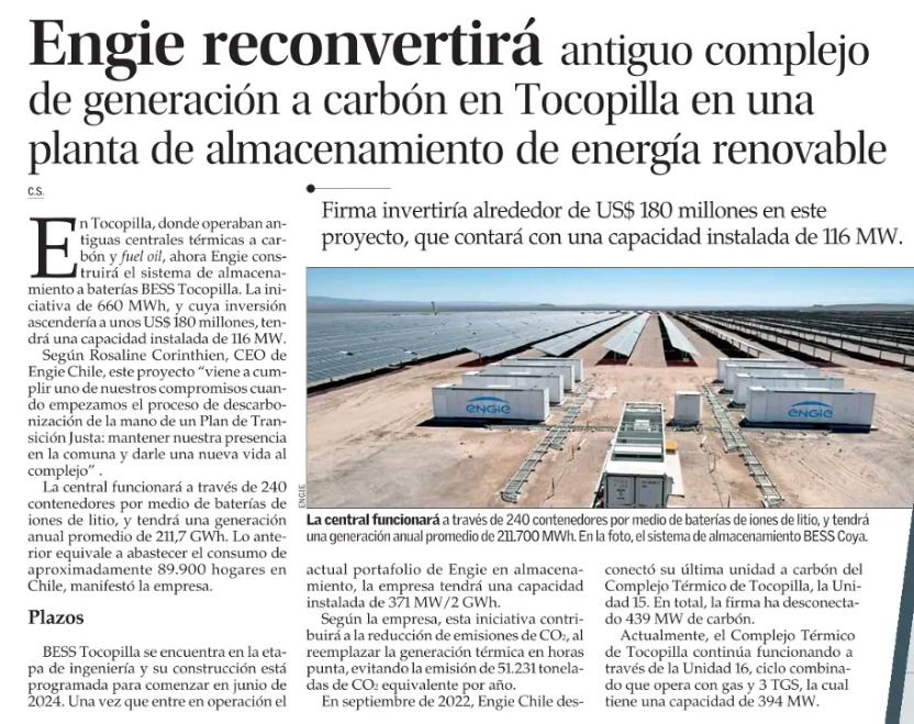 ¡Excelentes noticias en ENGIE Chile! 📢 Nuestro Complejo Térmico de Tocopilla se transformará en una planta de almacenamiento de energía renovable.

👏 Se trata del nuevo proyecto "BESS Tocopilla", con una capacidad de 116 MW/660 MWh que se ubicará donde operaban antiguamente