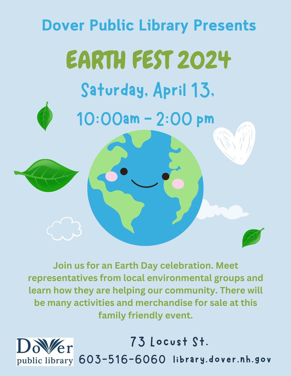 This Saturday, April 13th! Come celebrate #EarthDay with us at the Dover Public Library: Earth Fest 2024. We'll be joined by a group of fellow environmental organizations for discussions and actions to protect our planet. A family-friendly event with activities and fun!