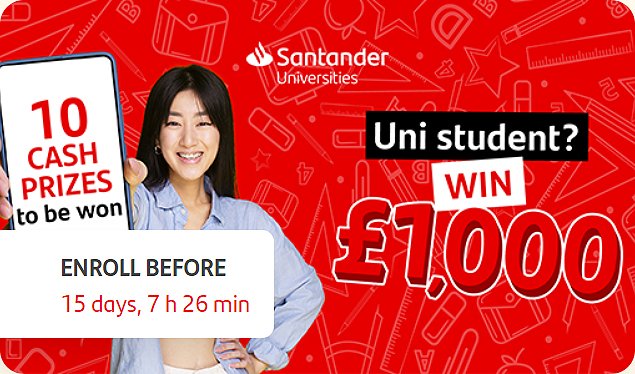 Need extra funds for the rest of the academic year? Enter the Santander Universities £10k Prize Draw. 🫰 You could win one of 10 grants worth £1000 each and put the cash towards living expenses Further details, including how to enter the prize draw here tinyurl.com/3e4yheb9