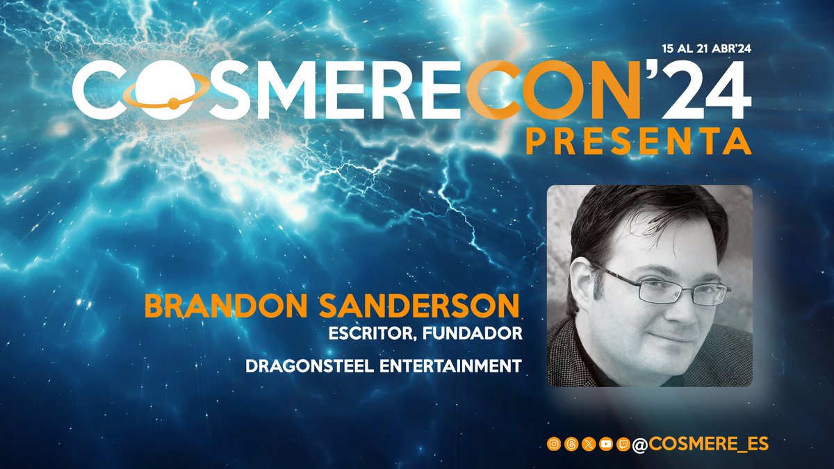 Y el último anuncio de este año... La participación del propio Brandon Sanderson en la #cosmerecon2024! Todavía nos quedan algunas sorpresas bajo la manga! Recordad que estaremos en directo en nuestro discord discord.gg/KuVRdF2 a las 19:00h CEST