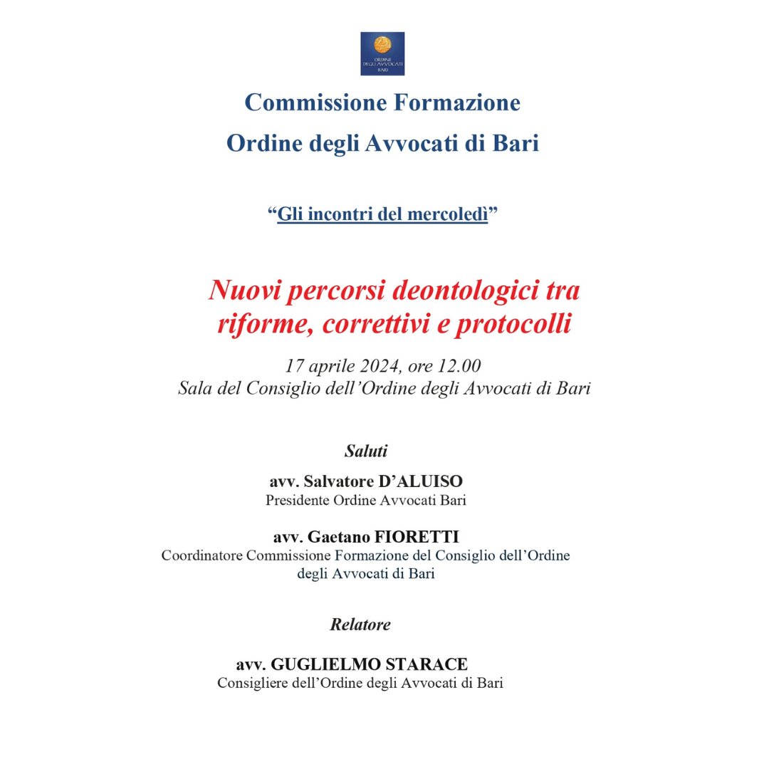 "Nuovi percorsi deontologici tra riforme, correttivi e protocolli", il prossimo 17 aprile, alle 12 nella sala delle adunanze.
#avvocata #avvocato #avvocate #avvocati #bari #coabari #formazione