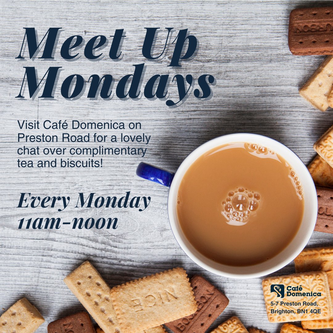 Introducing #MeetUpMondays, where people over 60 can come together to enjoy a friendly conversation over FREE tea & biscuits! What’s more, we’re offering 25% OFF our lunchtime specials to anyone who comes along. Join us every Monday, 11-noon, at Café Domenica, 5-7 Preston Road!