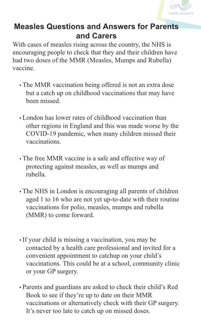 Helpful information from @TowerHamletsNow on #Measles & accessing vaccinations on Saturdays & via local GPs let’s spread the word @RLHchildren @RoyalLondonHosp @NHSBartsHealth @THGPCareGroup @BeckyPlatt3 @PCCURLH @LondonPEMDoc