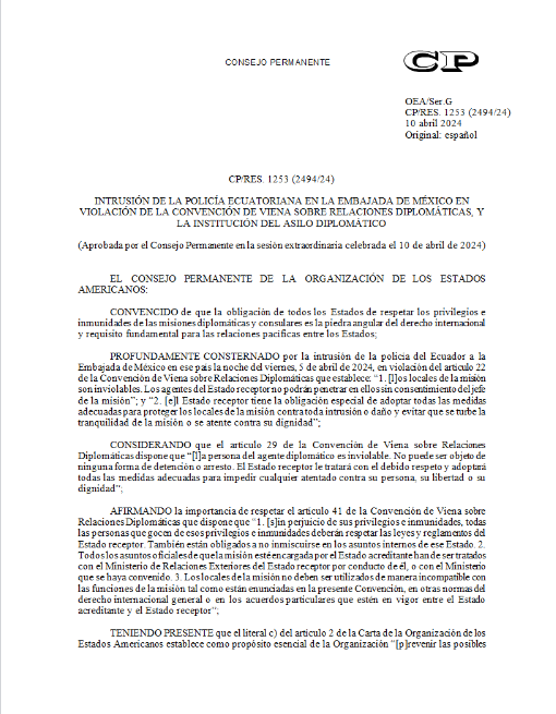 OEA_oficial's tweet photo. Con 29 votos a favor, un voto en contra, una abstención, y dos países ausentes, el Consejo Permanente aprobó la resolución “Intrusión de la Policía Ecuatoriana en la Embajada de México en violación de la Convención de Viena sobre Relaciones Diplomáticas, y la Institución del Asilo Diplomático”
https://t.co/RRHSinNGEW