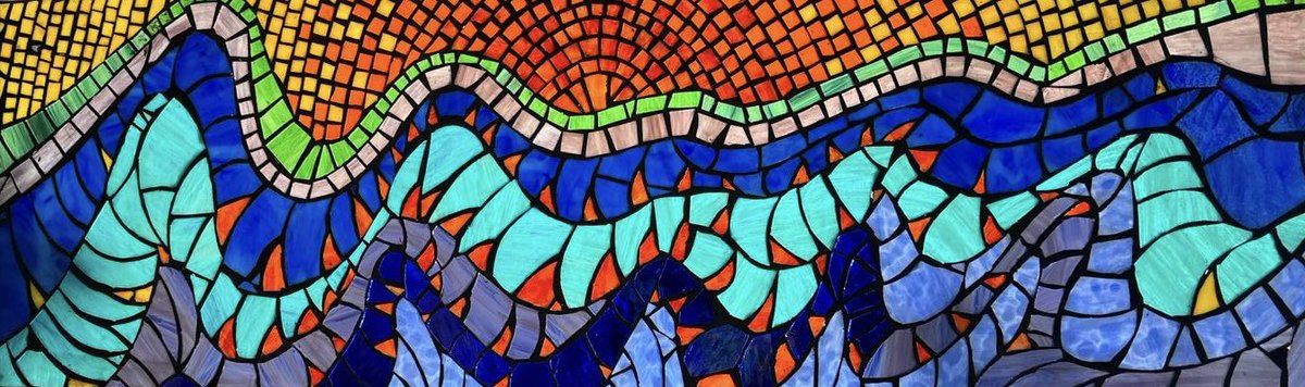 I’m loving my latest creation… sunset over river. The combination of traditional ‘small square’ mosaic with more modern ‘all shapes and sizes’ mosaic is really satisfying and the vibrant colour palette is music to the eyes. #Commission #glass #mosaic #sunset #river