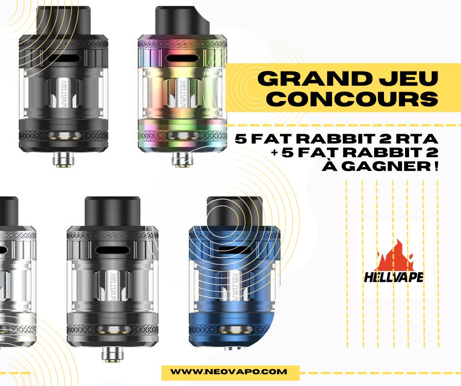 Profitez du grand jeu concours et remportez un magnifique clearomiseur subohm de marque Hellvape 🤩

5 Fat Rabbit 2 RTA + 5 Fat Rabbit 2 sont à gagner 🎁

La participation est gratuite et sans obligation d’achat, du 15 au 21 avril !

Alors, on tente ?
neovapo.com/jeu-concours-h…