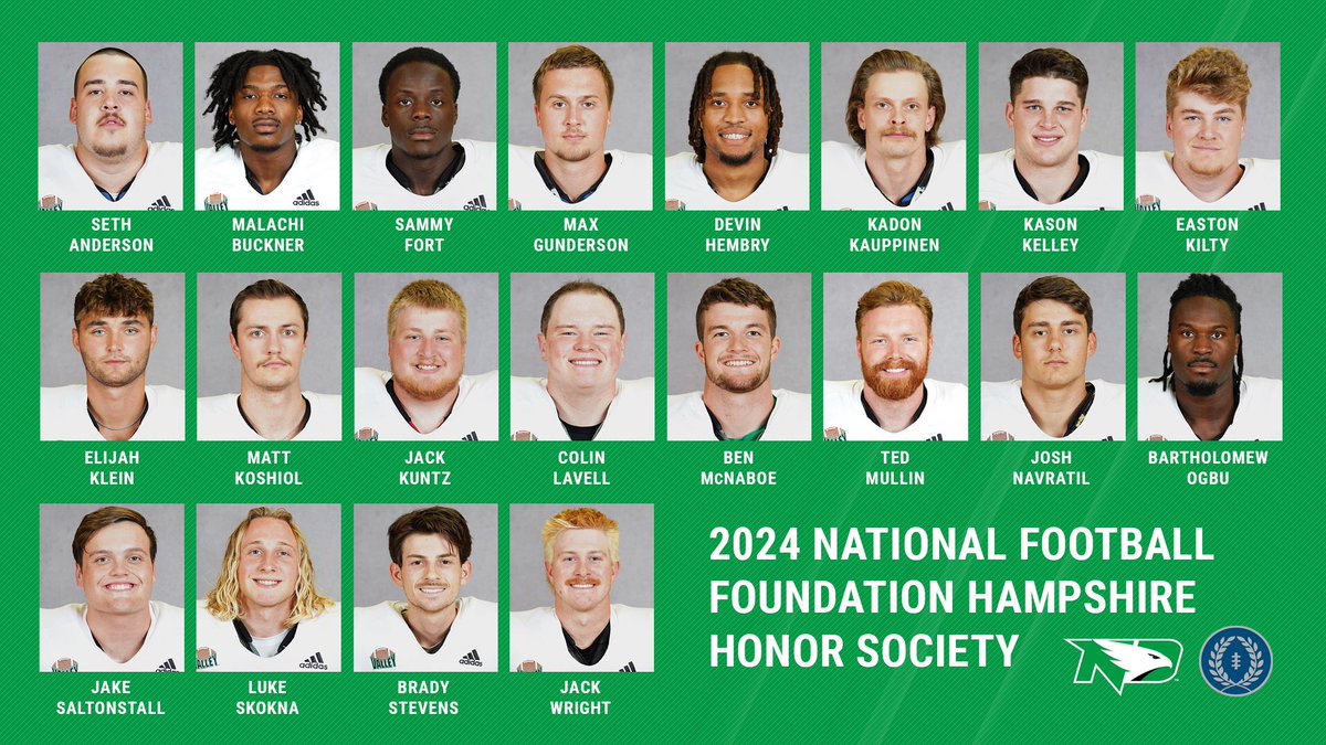 A school record 2⃣0⃣ Fighting Hawks made the 2024 @NFFNetwork Hampshire Honor Society! UND also led the entire FCS with 20 players on the list! 👏 📚 RELEASE: fightinghawks.com/news/2024/4/10… #UNDproud | #LGH