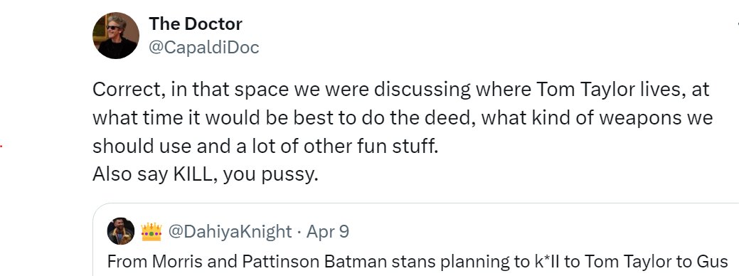@CapaldiDoc @GailSimone But have you ever considered just... not? Just the idea that I'm a guy who has received a lot of credible threats to myself and my family and you guys thinking it's okay to continually say stuff like this doesn't make the world any better?