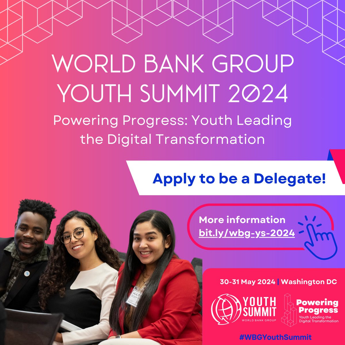 Apply NOW to be a participant and join young changemakers May 30-31 to explore digital solutions to tackle development challenges at the @WorldBank Youth Summit: wrld.bg/mBeJ50Rcorn