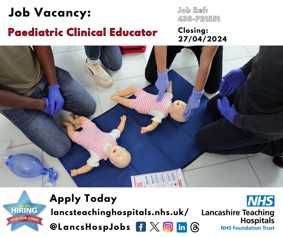 Job Vacancy: #Paediatric Clinical Educator @LancsHospitals ⏰Closes: 27/04/24 Read more and apply: lancsteachinghospitals.nhs.uk/join-our-workf… #NHS #NHSjobs @LancsHospPaeds #Preston #ClinicalEducator