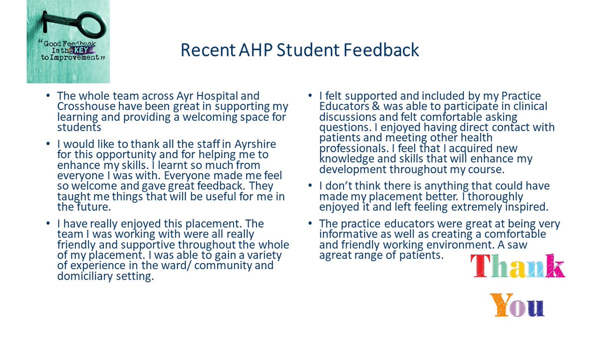 Gathering ongoing student feedback at the end of each placement allows us to know what is going well &amp; what could be even better. This recent feedback from #SLT #OT #Dietetics #Orthoptics has been fab <a href="/Kerryahpaa/">Kerry Gilligan</a> <a href="/gibbieahplcr/">Louise Gibson</a> <a href="/lkerrOTahp/">Lindsay Kerr</a> <a href="/maureenmDTahp/">Maureen Murray</a>