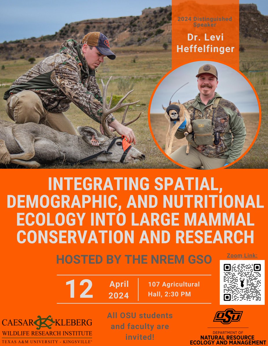 We have a very special seminar this Friday! Please join us for a talk from our 2024 Distinguished Speaker, Dr. Levi Heffelfinger, of the Caesar Kleberg Wildlife Research Institute. Everyone is invited to join at 2:30 PM in 107 Ag Hall or on Zoom (QR Code in flyer). See you there!