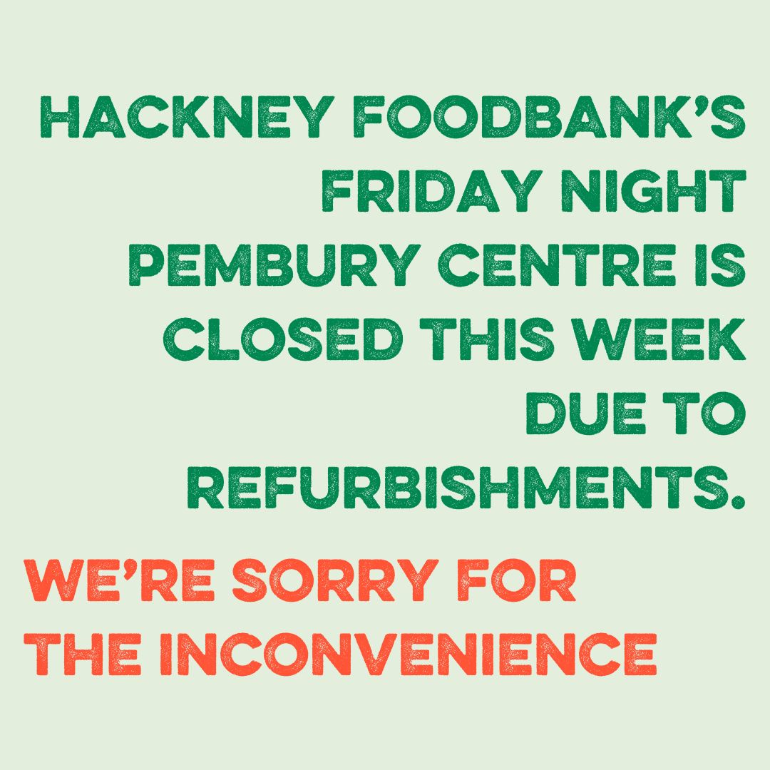 Our Friday night food distribution centre is closed this week due to refurbishment work at Pembury Community Centre. We're sorry for any inconvenience. Our visitors can use their referral vouchers at any of our other food distribution centres: buff.ly/3ll8c1w