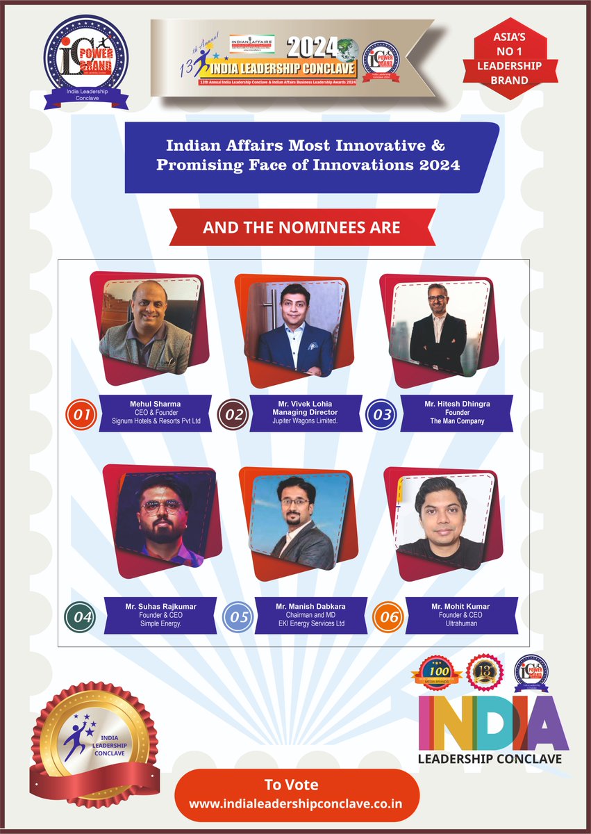Indian_Affairs's tweet photo. Nation hunts to select the winner from six who are Face of Innovations 

#MehulSharma @AndSignum
@viveklohia_JWL @JupiterWagons
@hiteshdhingra @themancompany
@suhasrajkumar @SimpleEnergyEV
@manishdabkara1 @EKIEnergyEnking
@deeppurpled @UltrahumanHQ
https://t.co/8UNPLBx4em https://t.co/pydh0yopCj