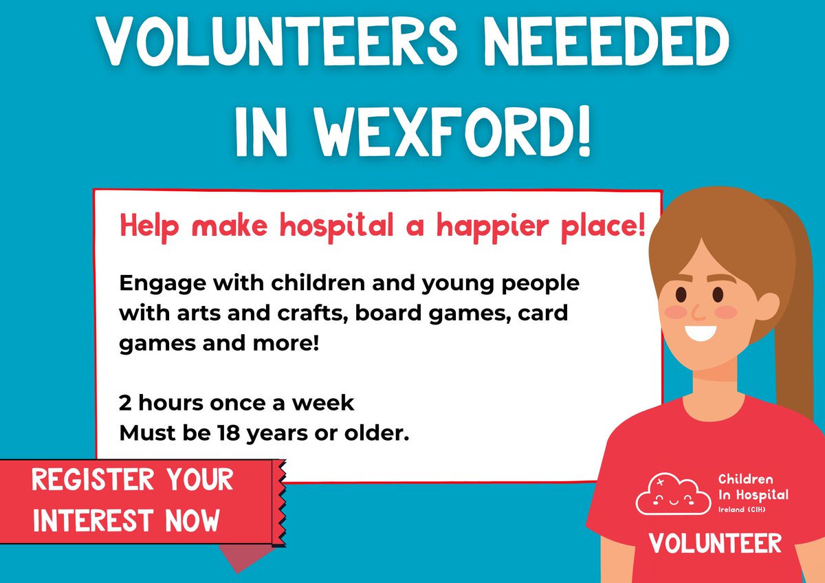 Calling Wexford!📣 We're looking for play volunteers to join us at Wexford General Hospital! You will have the opportunity to support children in hospital with games, cards, arts and crafts and more. Register your interest - childreninhospital.ie/courses/wexfor…