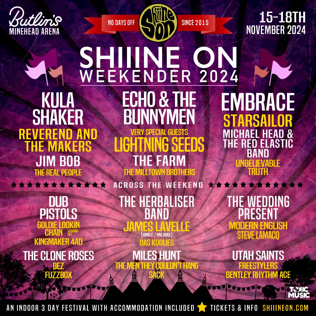 We’re frilled to announce that we will be headlining the second day of this years brilliant @ShiiineOn_  Festival at Butlins, Minehead Arena on 15th - 18th November. Tickets available via Bunnymen.com #shiiineon24