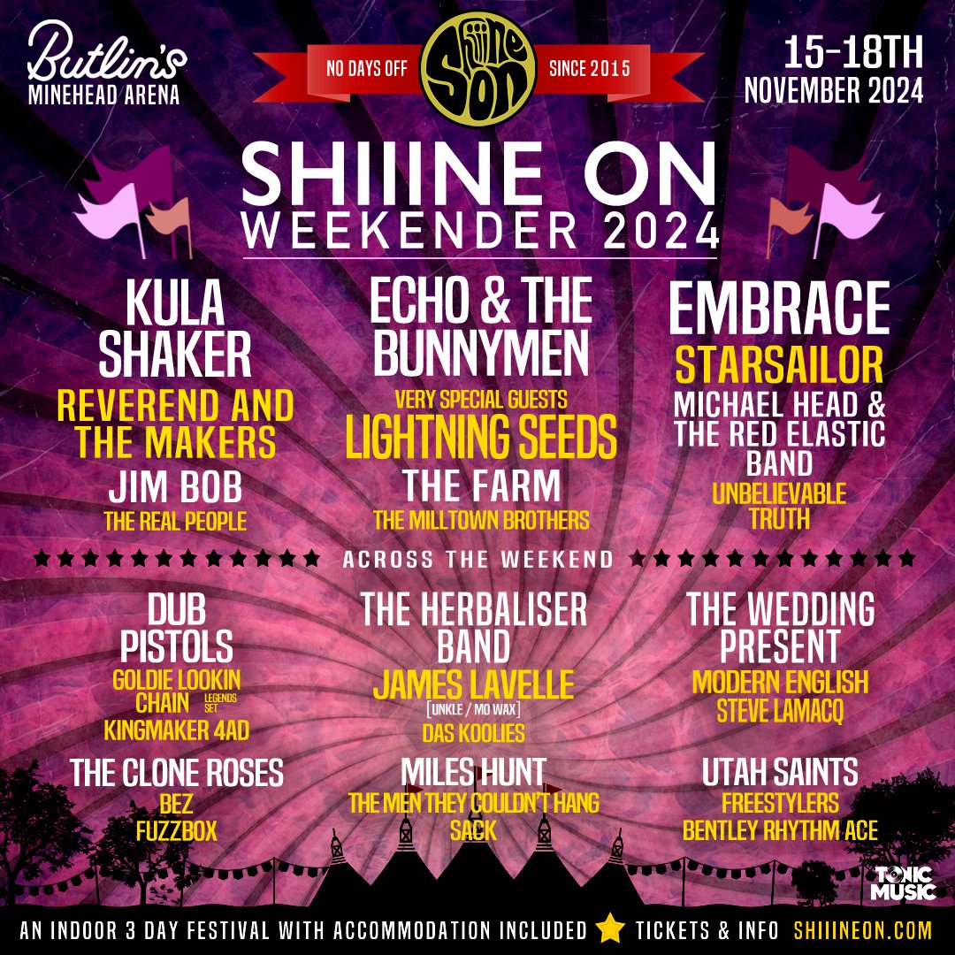 Official Ian McCulloch (@officialianmac) on Twitter photo We’re frilled to announce that we will be headlining the second day of this years brilliant <a href="/ShiiineOn_/">Shiiine On</a> Festival at Butlins, Minehead Arena on 15th - 18th November. Tickets available via Bunnymen.com #shiiineon24 We’re frilled to announce that we will be headlining the second day of this years brilliant <a href="/ShiiineOn_/">Shiiine On</a> Festival at Butlins, Minehead Arena on 15th - 18th November. Tickets available via Bunnymen.com #shiiineon24