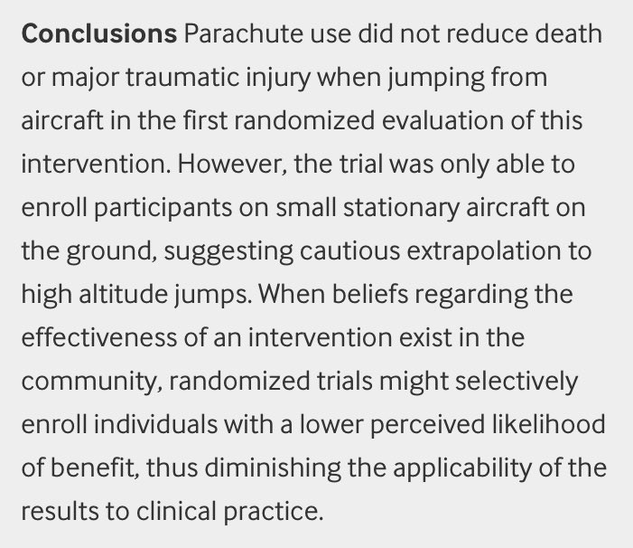 If we judged every aspect of health by the same standard of evidence that the Cass report wants for trans healthcare, we would have to conclude that Parachutes are ineffective at reducing injuries from falling out of an airplane.