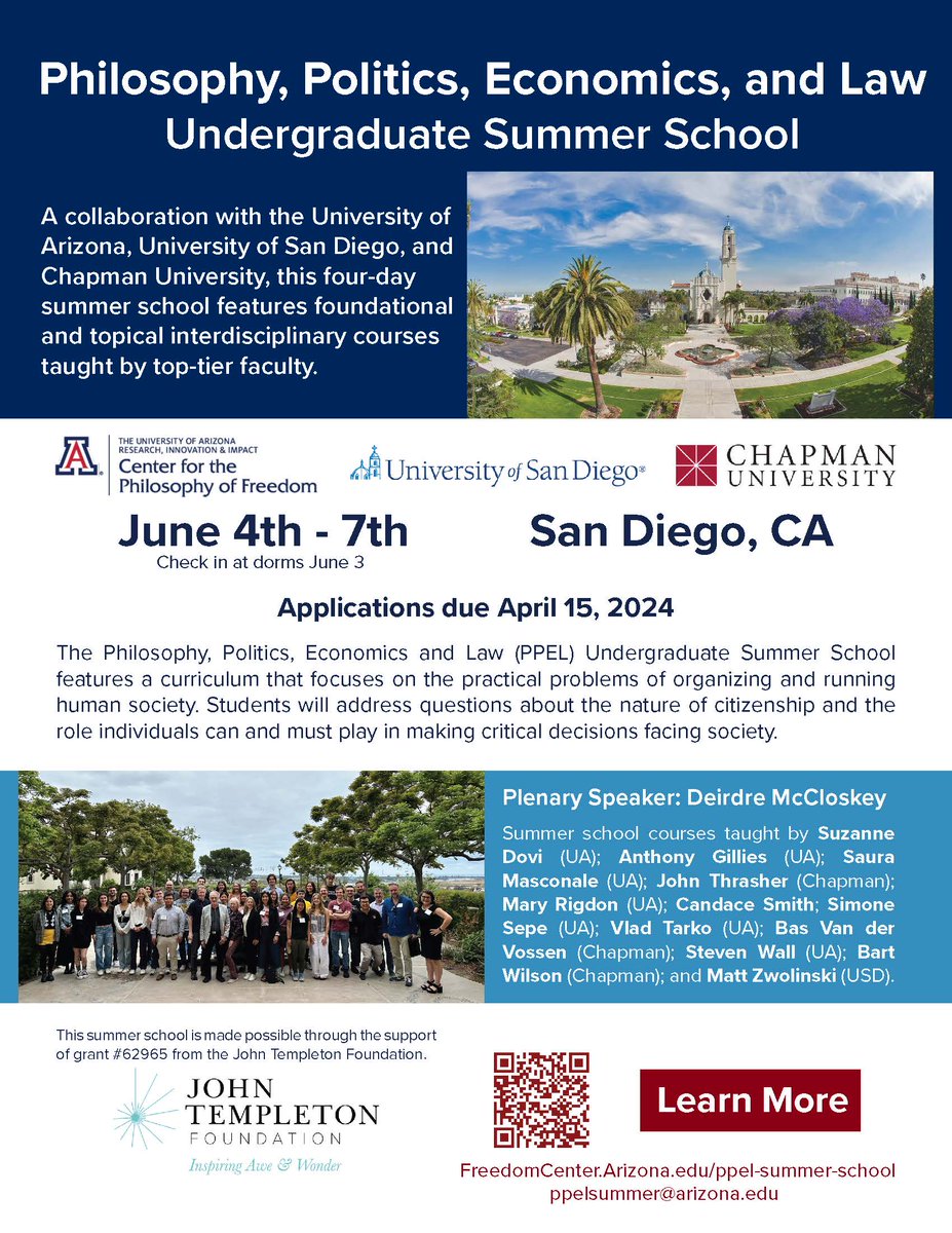 PPE Summer School at @uofsandiego - free to apply - free housing and meals at USD if accepted - awesome classes from Bas van der Vossen, @vladtarko, @SauraMasconale, @bartwilson, @MaryRigdon, Steve Wall and more. What are you waiting for? freedomcenter.arizona.edu/ppel-summer-sc…