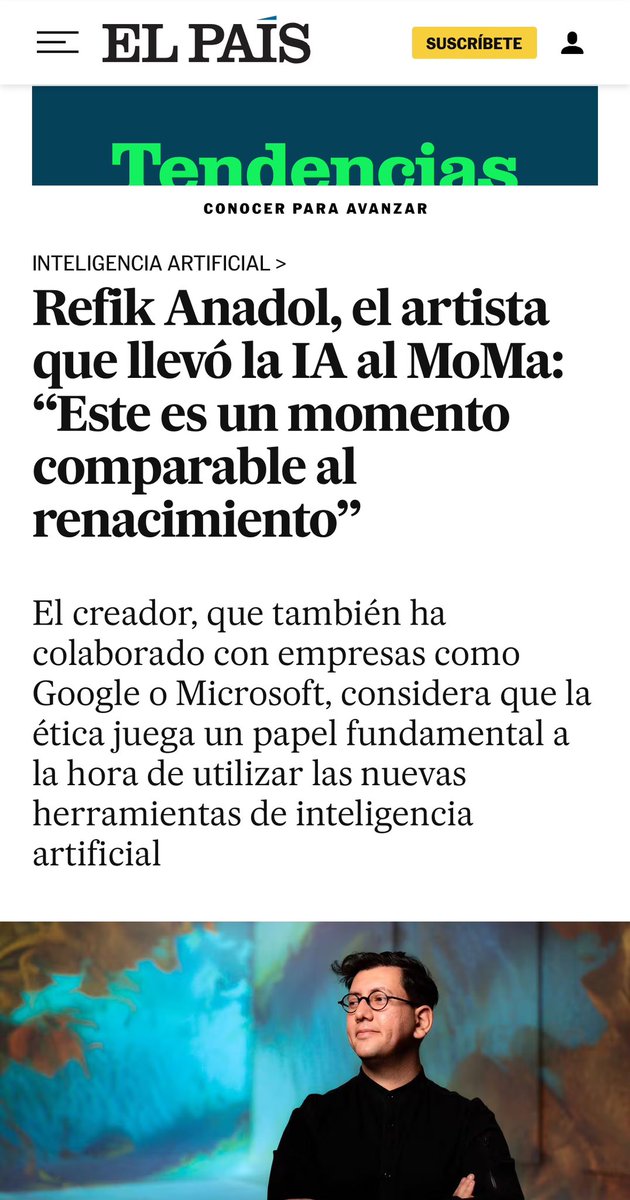 refikanadol's tweet photo. Thank you for the major interview El Pais! Grateful for the impact of Unsupervised — MoMA and our web3 projects! https://t.co/2G15QjxVY4 https://t.co/jLnRUoVLcv