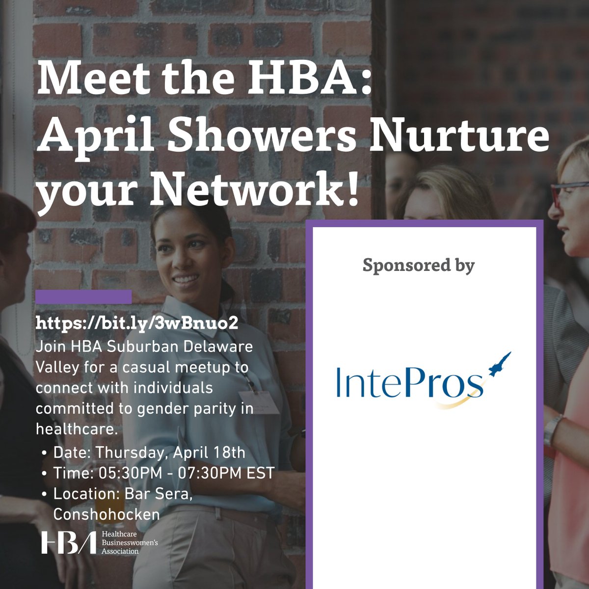 Join the HBA Suburban Delaware Chapter on April 18th for a networking event. Sponsored by IntePros, the meetup will bring individuals together who are committed to gender parity in healthcare. Sign up before it's too late! bit.ly/3wBnuo2 #HBAImpact #HBAMidAtlantic