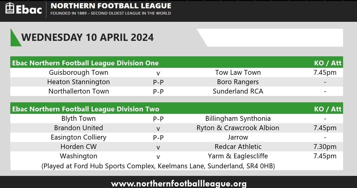 WEDNESDAY NIGHT FOOTBALL Here are this evening's fixtures in the @EbacUK Northern Football League. #ENLMatchday #NorthernLeagueFamily
