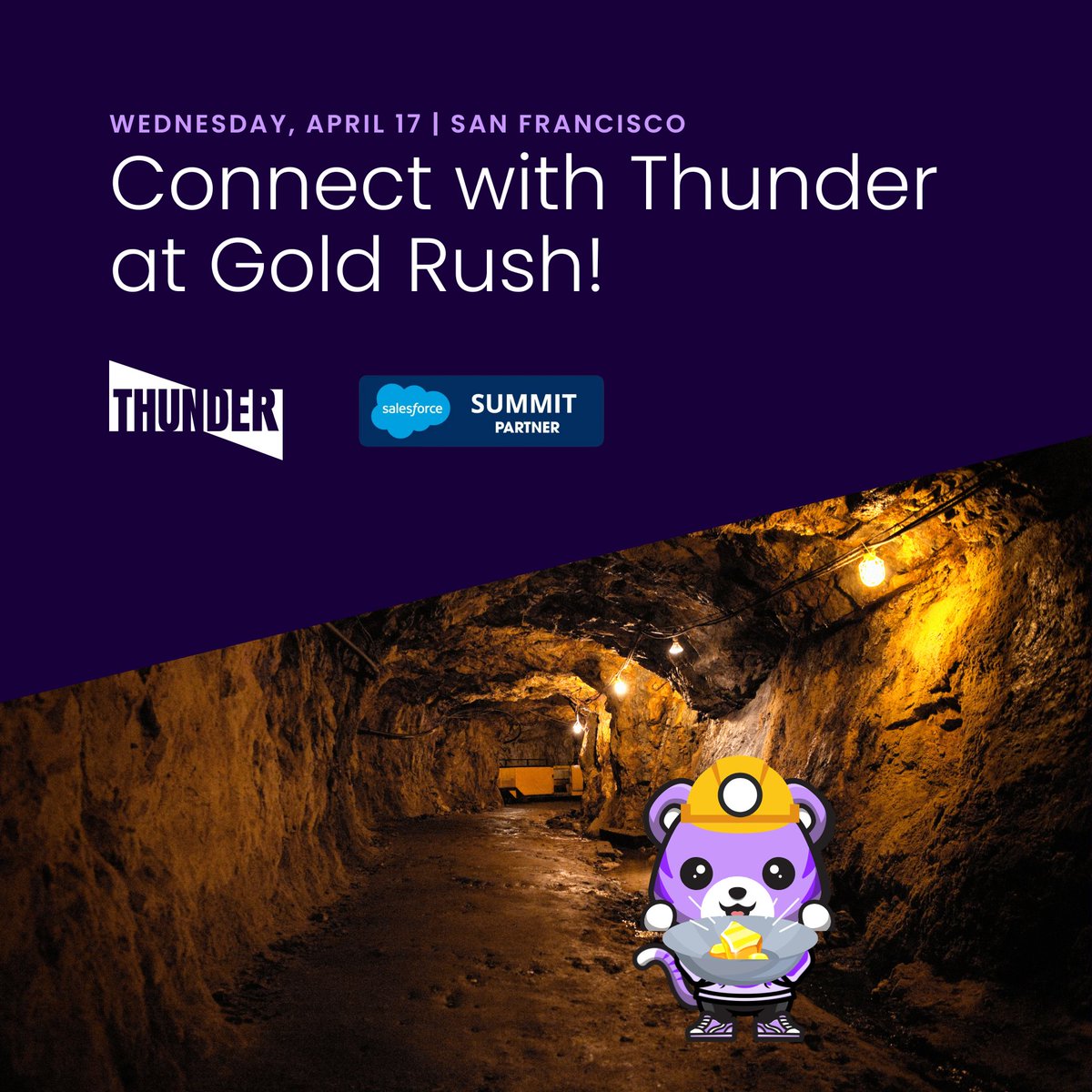 Meet the @ThunderSF1 team at @Salesforce Gold Rush 4/18 in San Francisco to learn how we can help you 'strike' it rich with Service Cloud! #SalesforcePartner #ServiceCloud #GoldRush #ThunderKnowsServiceCloud #StrikerStrikingItRich

Set up a meeting: ow.ly/7ciw50R8HWU
