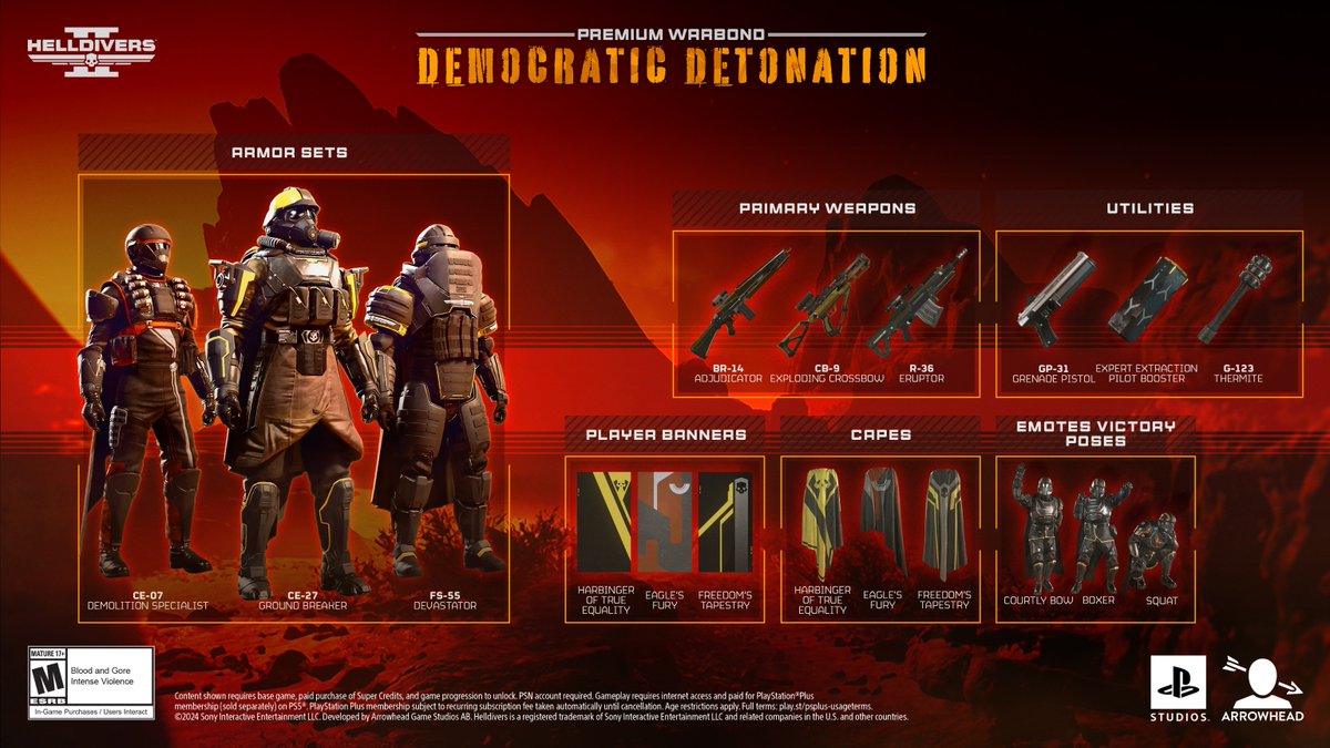 Super Earth High Command would like us to remind you that the Democratic Detonation Warbond deploys tomorrow. This explosive firepower will blow up bugs, bots and potentially your own squad, all in the name of liberty. #Helldivers2